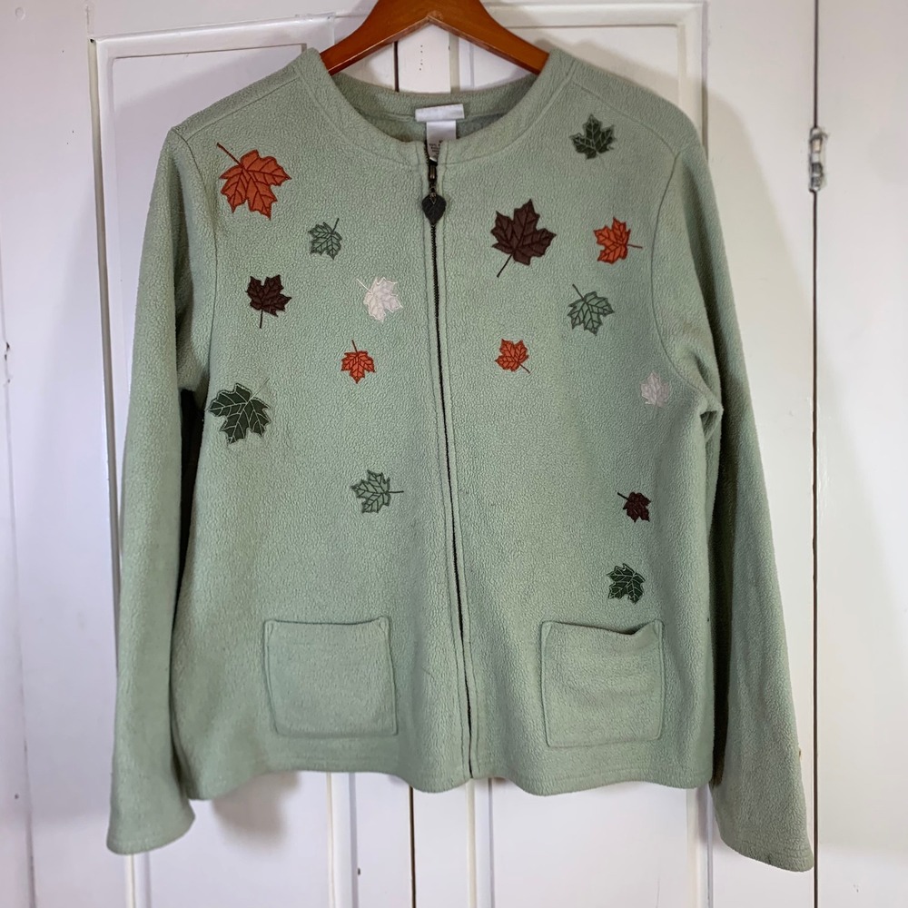 Fashion Bug Womens XL Sage Green Fleece Zip Jacket Embroidered Fall Leaves
